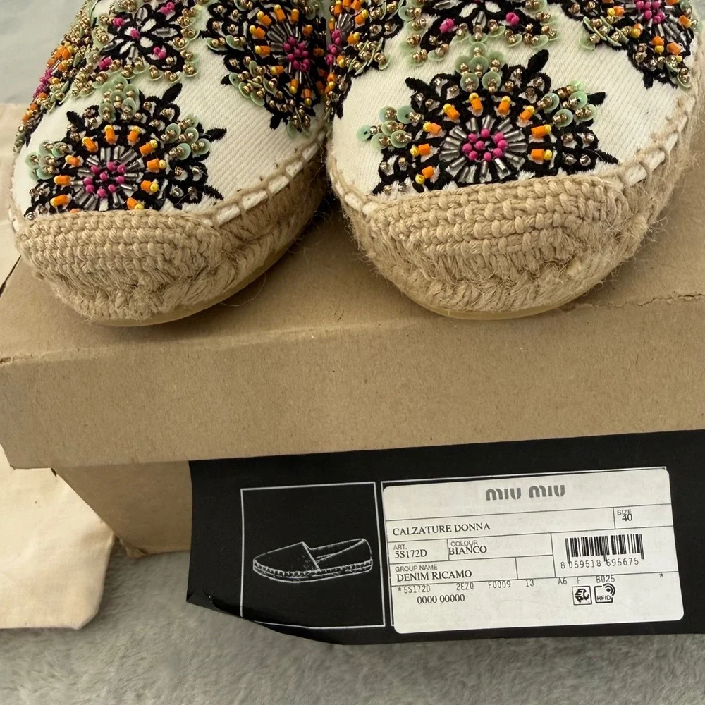 Miu Miu Floral Beaded Espadrilles Denim Ricamo White Size 40 NWT Box Dust Bags